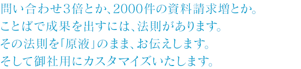 問い合わせ3倍とか、2000件の資料請求増とか。ことばで成果を出すには、法則があります。その法則を「原液」のまま、お伝えします。そして御社用にカスタマイズいたします。